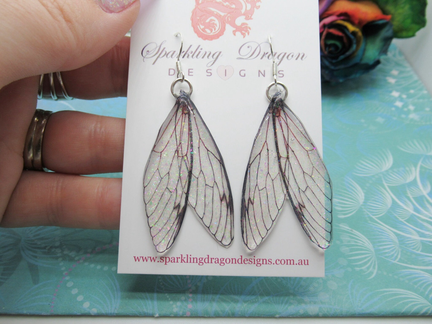 Shimmery Pink Green Butterfly Double Wing Earrings - Magical Fairy Jewellery, Fun Gift Present Resin with Glitter Handmade Enchanted Wings - Image 4