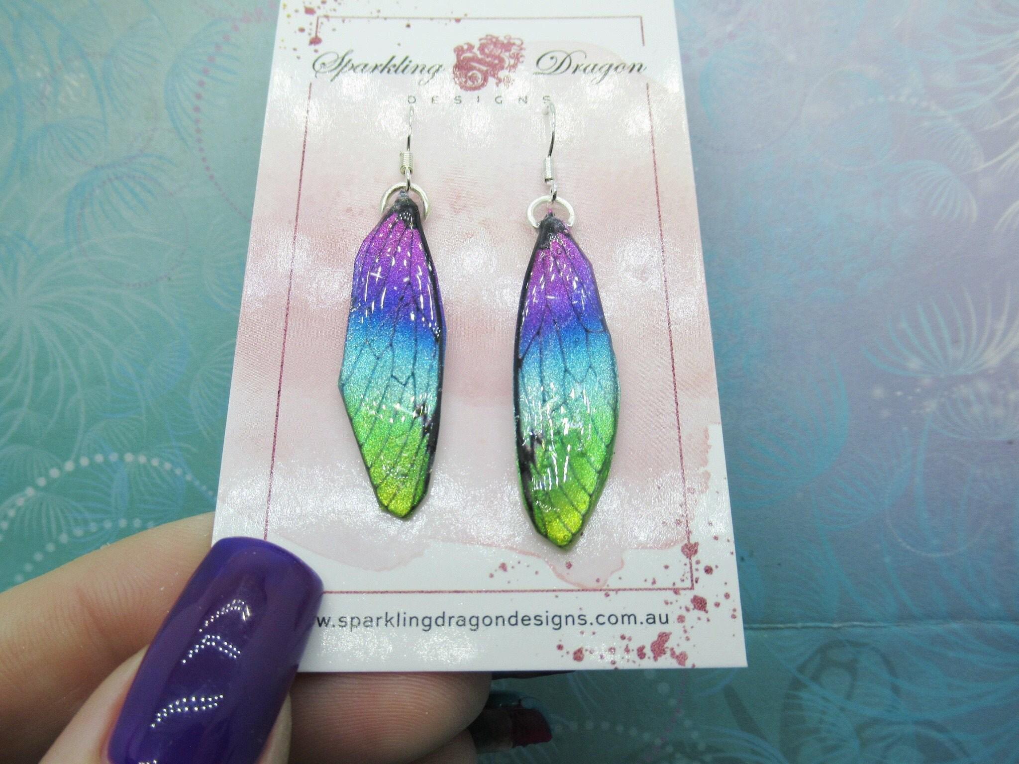 Butterfly earrings pink to green yellow sparkle - fairy jewellery, fun gift for her statement present sparkly - resin with glitter finish