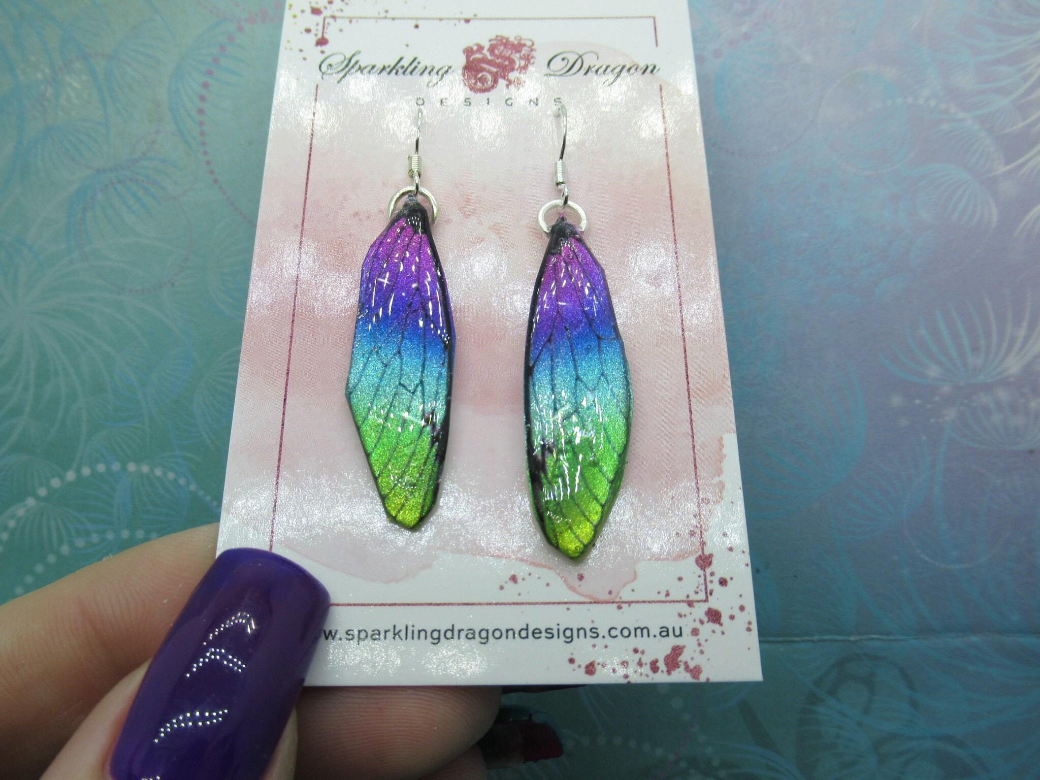 Butterfly earrings pink to green yellow sparkle - fairy jewellery, fun gift for her statement present sparkly - resin with glitter finish - Image 2