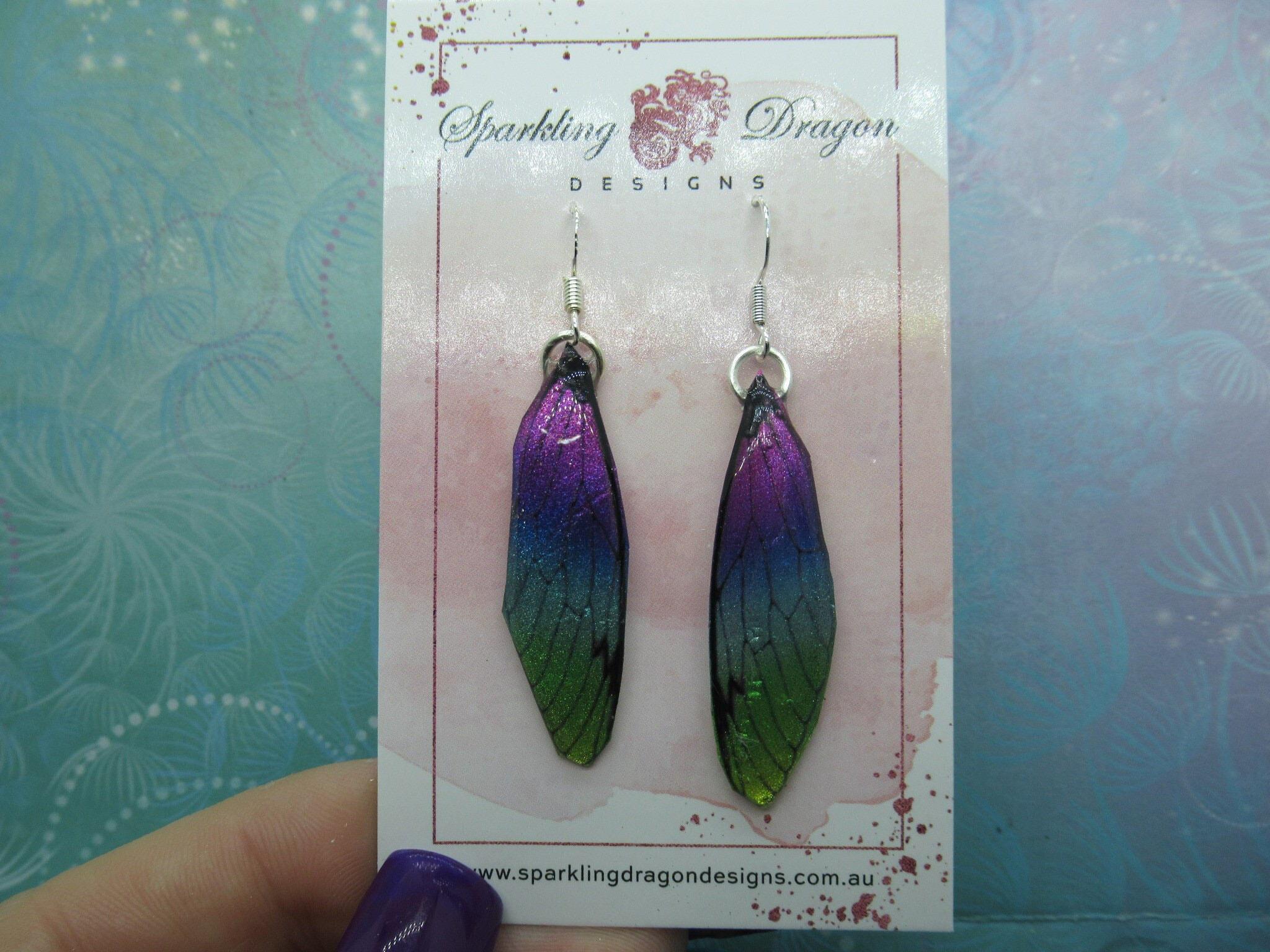 Butterfly earrings pink to green yellow sparkle - fairy jewellery, fun gift for her statement present sparkly - resin with glitter finish - Image 3