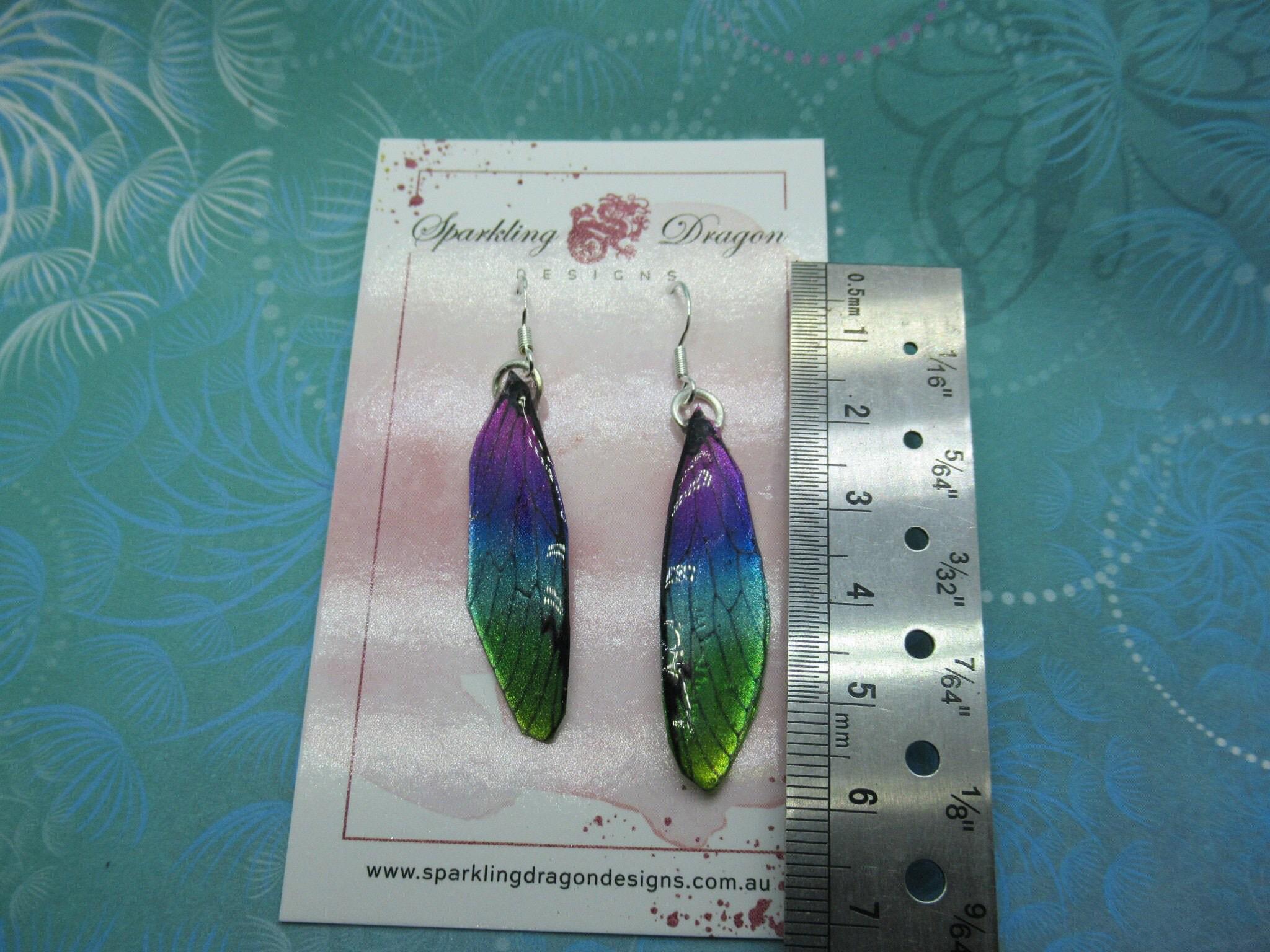 Butterfly earrings pink to green yellow sparkle - fairy jewellery, fun gift for her statement present sparkly - resin with glitter finish - Image 4