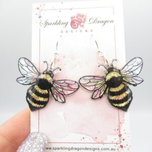 Shimmery Bee Earrings Big - Bumble Bee, Buzzy Bee, Spring Gift, Bee Lover, Iridescent Enchanting Wings Handcrafted