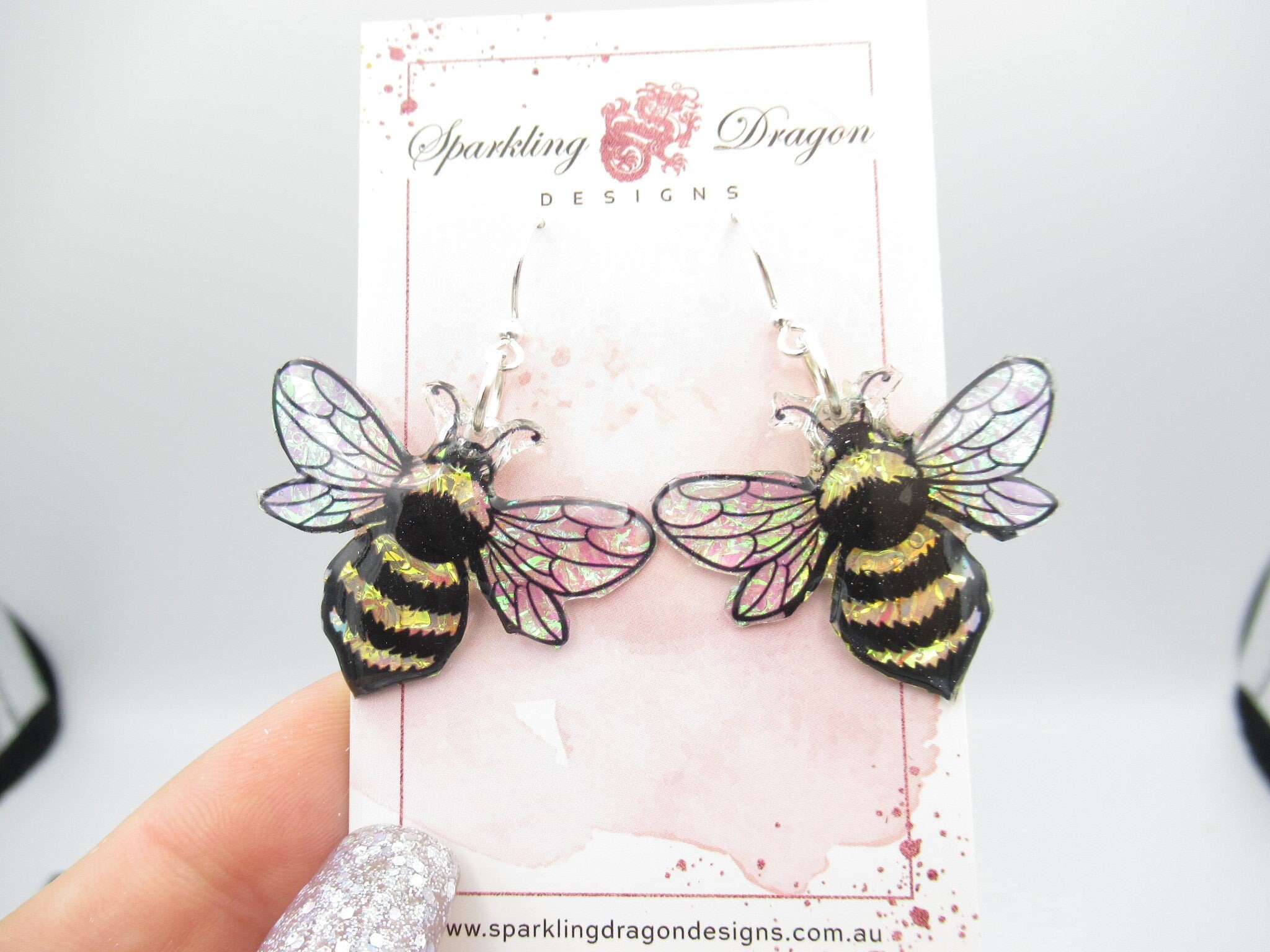 Shimmery Bee Earrings Big - Bumble Bee, Buzzy Bee, Spring Gift, Bee Lover, Iridescent Enchanting Wings Handcrafted