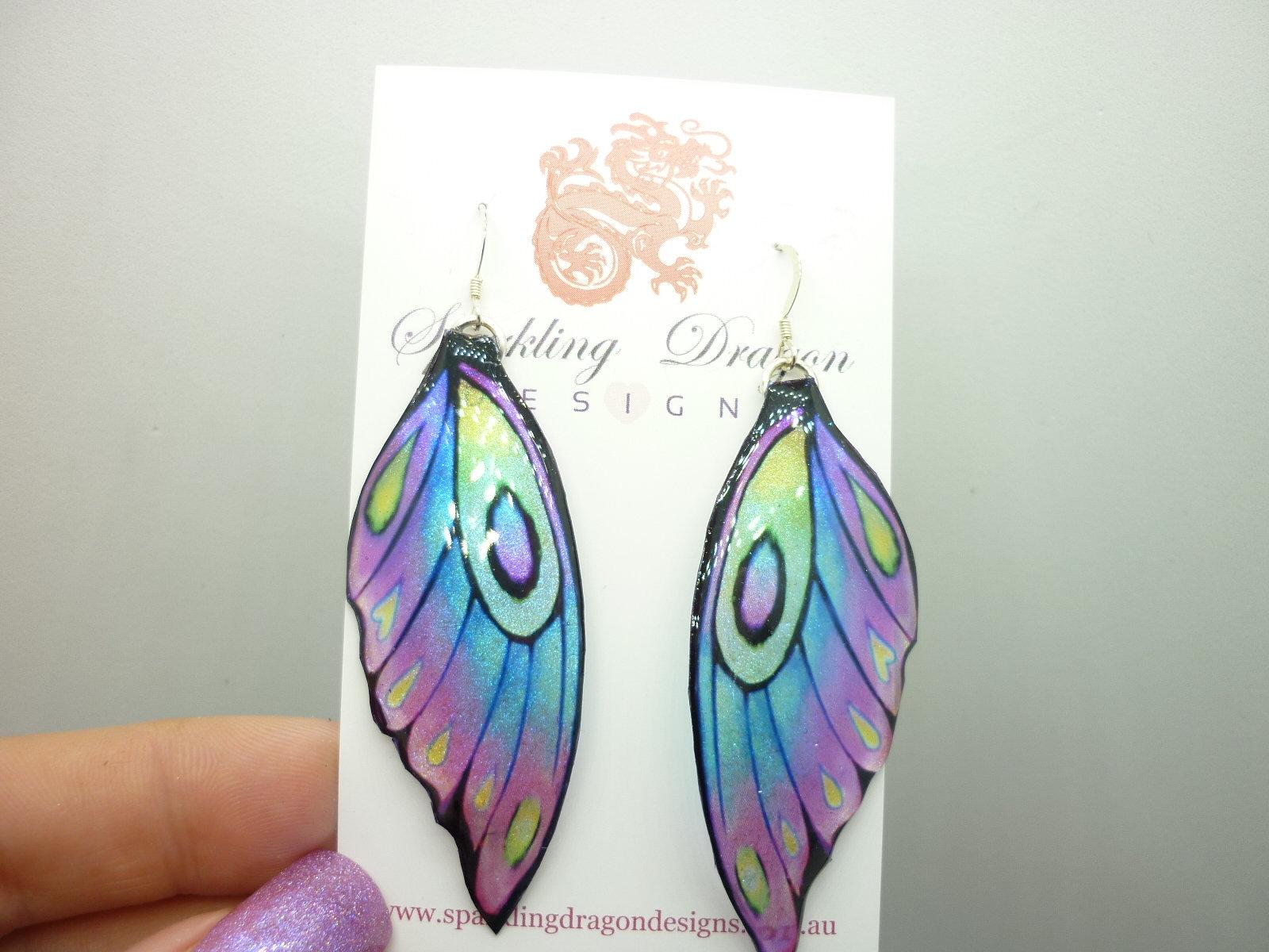 Butterfly wing earrings pale blue purple green fairy jewellery, fun gift for her fairy wing earrings - sparkly - resin with glitter finish - Image 4