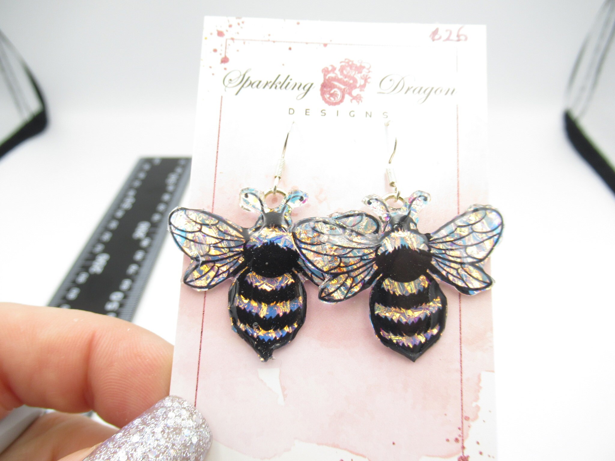 Shimmery Bee Earrings Big - Bumble Bee, Buzzy Bee, Spring Gift, Bee Lover, Iridescent Enchanting Wings Handcrafted - Image 7