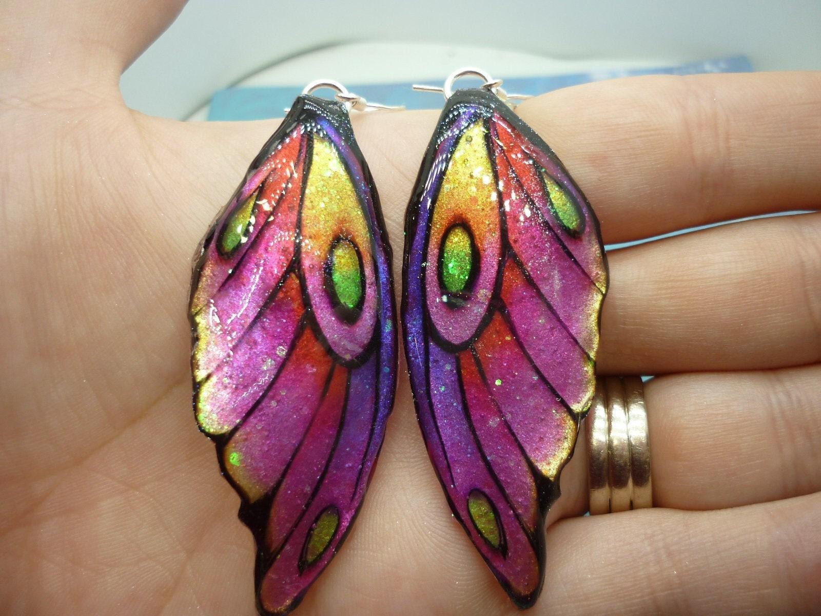 Butterfly wing earrings pink and yellow fairy jewellery, fun gift for her fairy wing earrings - sparkly - resin with glitter finish - Image 4