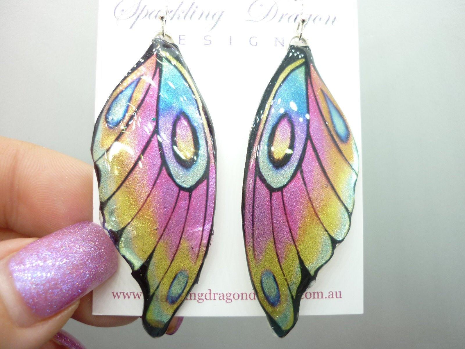 Butterfly wing earrings - pale rainbow fairy jewellery, fun gift for her fairy wing earrings - sparkly - rainbow resin with glitter finish - Image 4