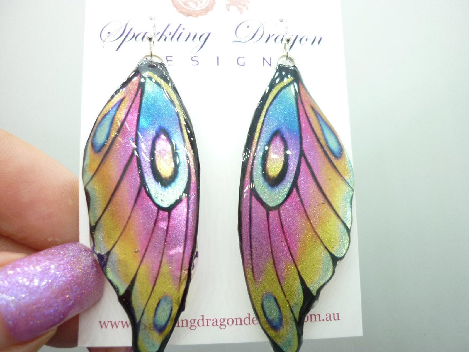 Butterfly wing earrings - pale rainbow fairy jewellery, fun gift for her fairy wing earrings - sparkly - rainbow resin with glitter finish - Image 5