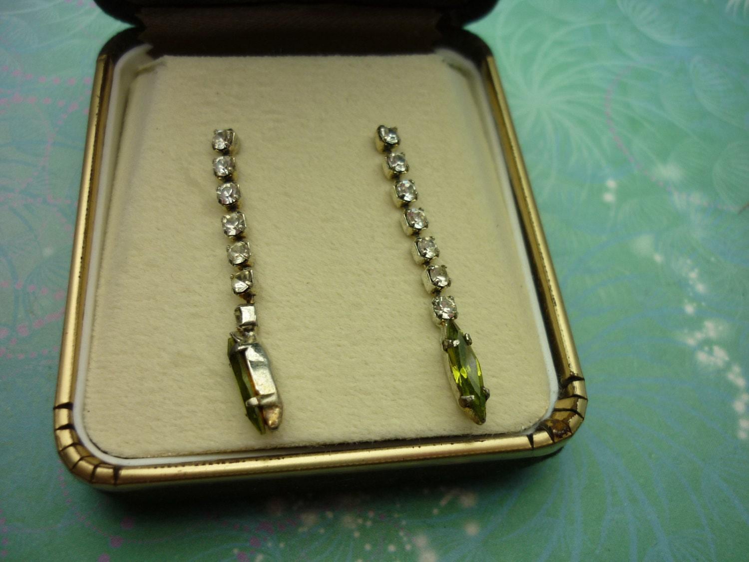 Vintage sterling silver earrings - green/yellow navette