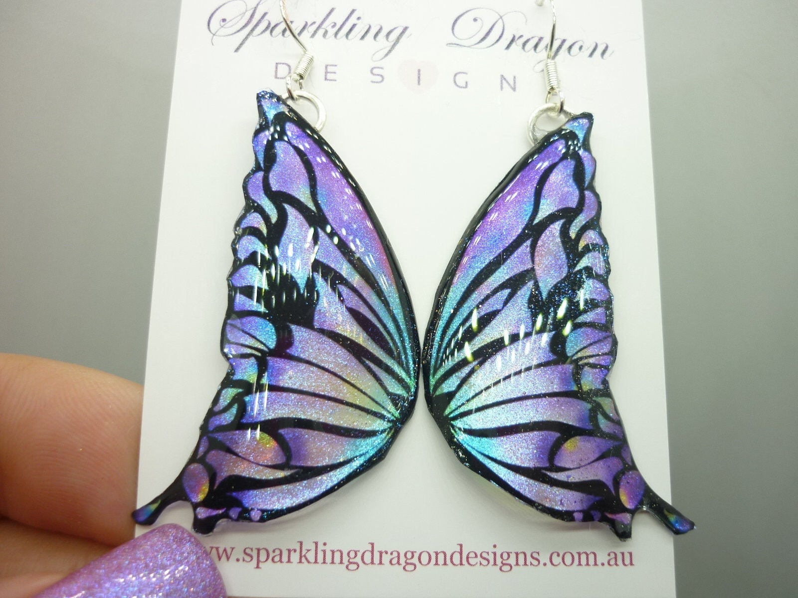 Butterfly Wing Earrings Purple Stained Glass- Fairy Jewellery, Fun Gift for her Fairy Wing Earrings - Sparkly - Resin with Glitter Finish