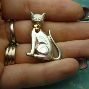 Cat With Golden Heart Collar Vintage Brooch - Sterling Silver - Mothers Day Gift
