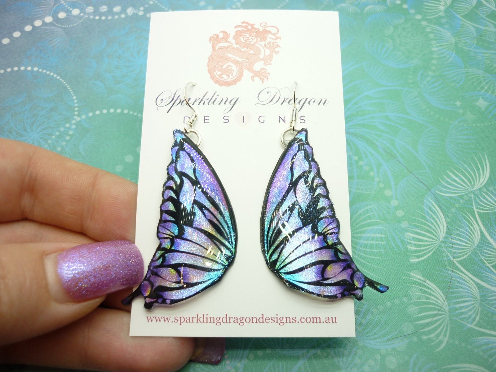 Butterfly Wing Earrings Purple Stained Glass- Fairy Jewellery, Fun Gift for her Fairy Wing Earrings - Sparkly - Resin with Glitter Finish - Image 4