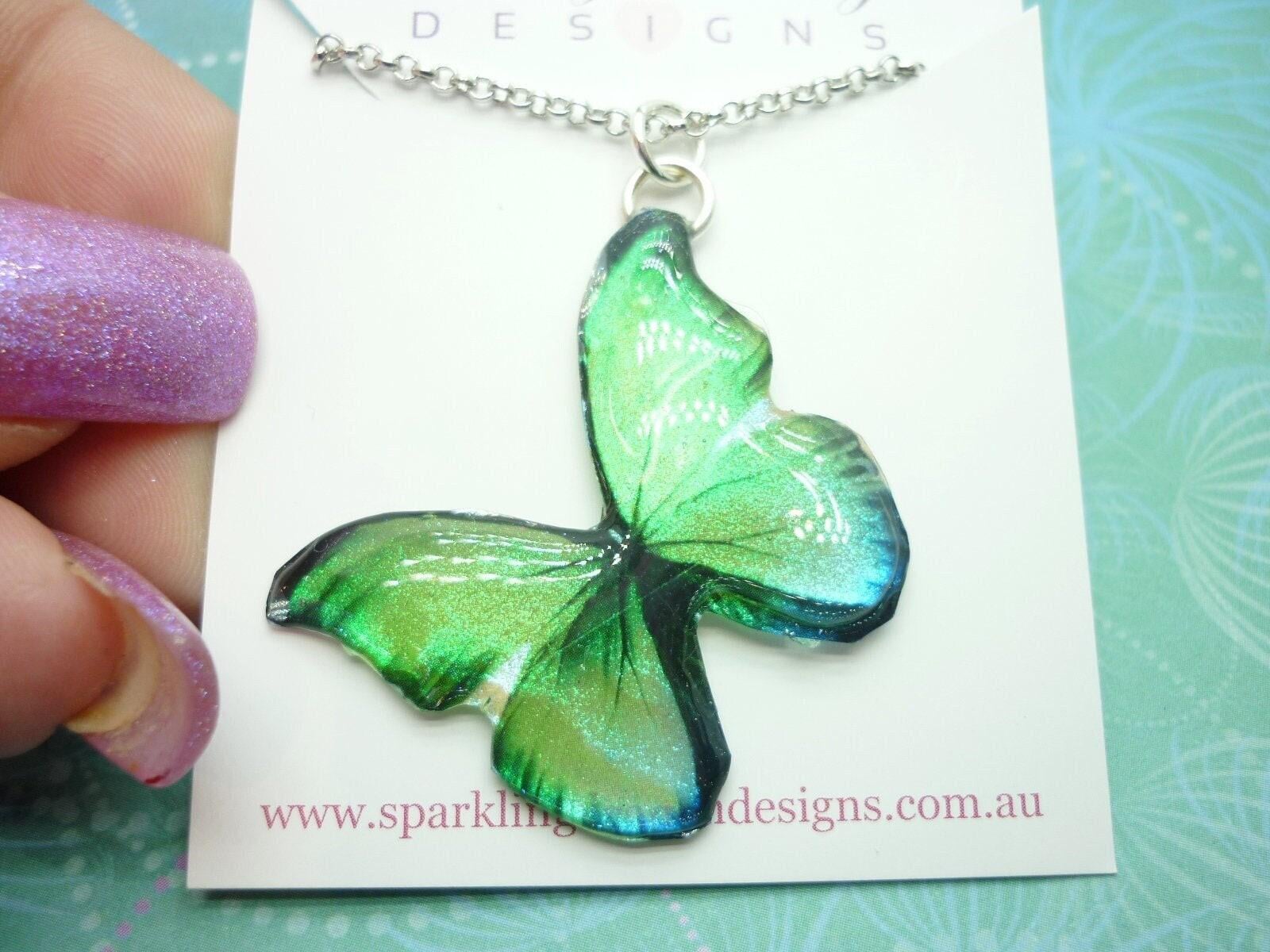 Butterfly necklace yellowy green, a little blue on sparkle silver plated chain - fairy jewellery, fun gift for her resin with glitter finish