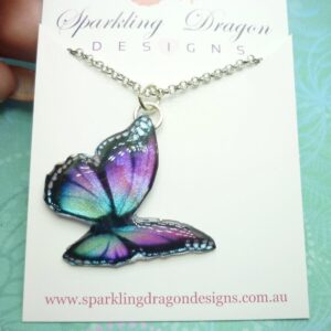 Butterfly necklace pink & blue on a sparkle silver plated chain - fairy jewellery, fun gift for her resin with glitter finish