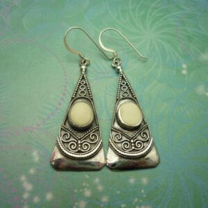 Vintage sterling silver earrings - shell white stone, edwardian, royal scroll