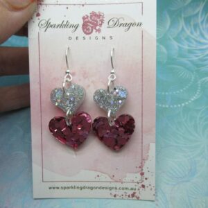 Love heart earrings - double drop sweet pink & silver holo hearts