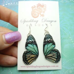 Butterfly double wing earrings blue and yellow - fairy jewellery, fun gift for her statement present sparkly - resin with glitter finish