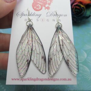 Shimmery pink green butterfly double wing earrings - magical fairy jewellery, fun gift present resin with glitter handmade enchanted wings
