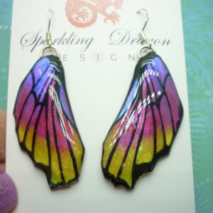 Butterfly Wing Pink, Yellow & Purple Earrings - Fairy Jewellery, Fun Gift for her Fairy Wing Earrings - Sparkly - Resin with Glitter Finish