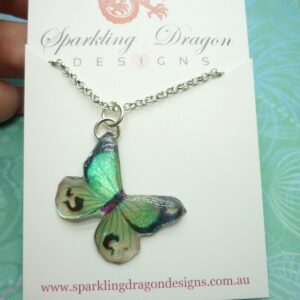 Butterfly necklace glittery clear, green lines on sparkle silver plated chain - fairy jewellery, fun gift for her resin with glitter finish