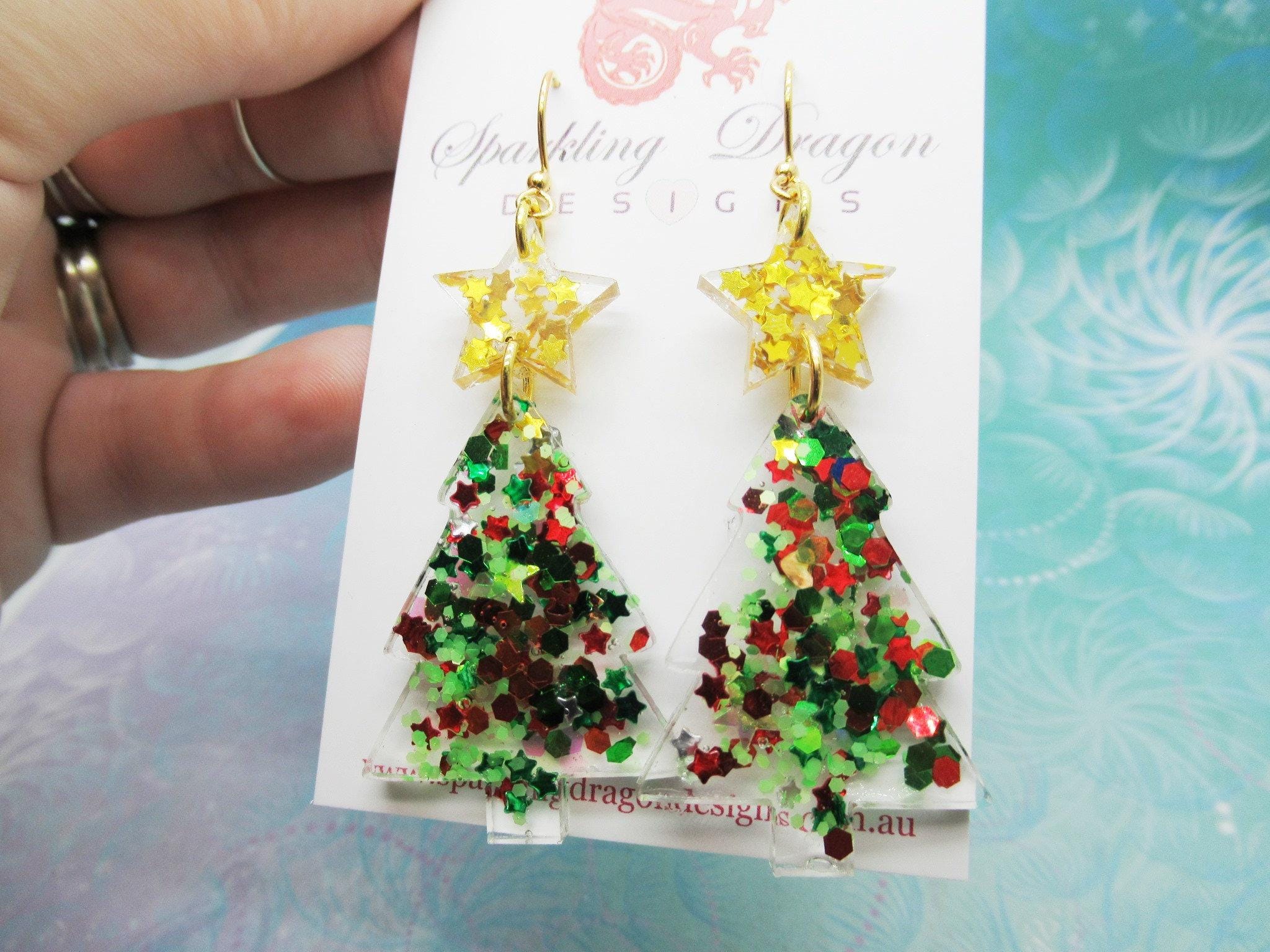 Christmas tree earrings with gold stars, large