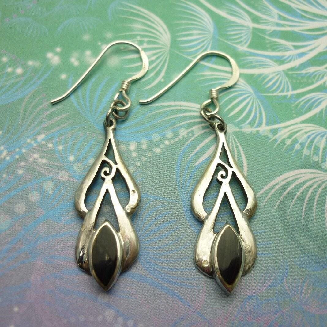 Vintage sterling silver earrings - black onyx - style 9