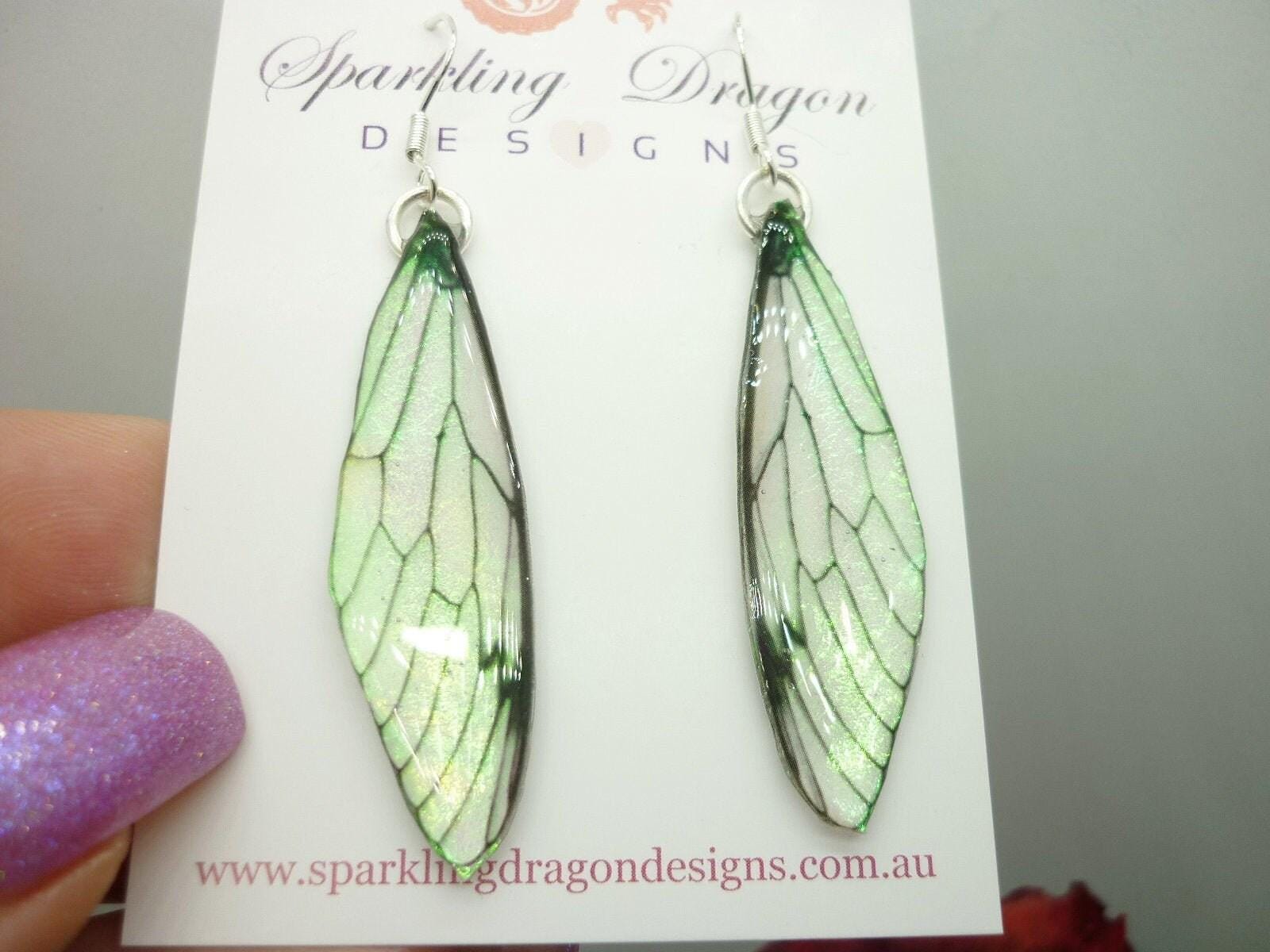 Butterfly yellow shimmer earrings - fairy jewellery fun gift fairy wing earrings - sparkly - resin with glitter finish dragonfly
