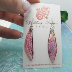 Butterfly pink shimmer wing earrings - fairy jewellery, fun gift statement present sparkly boho rainbow resin with glitter finish dragonfly